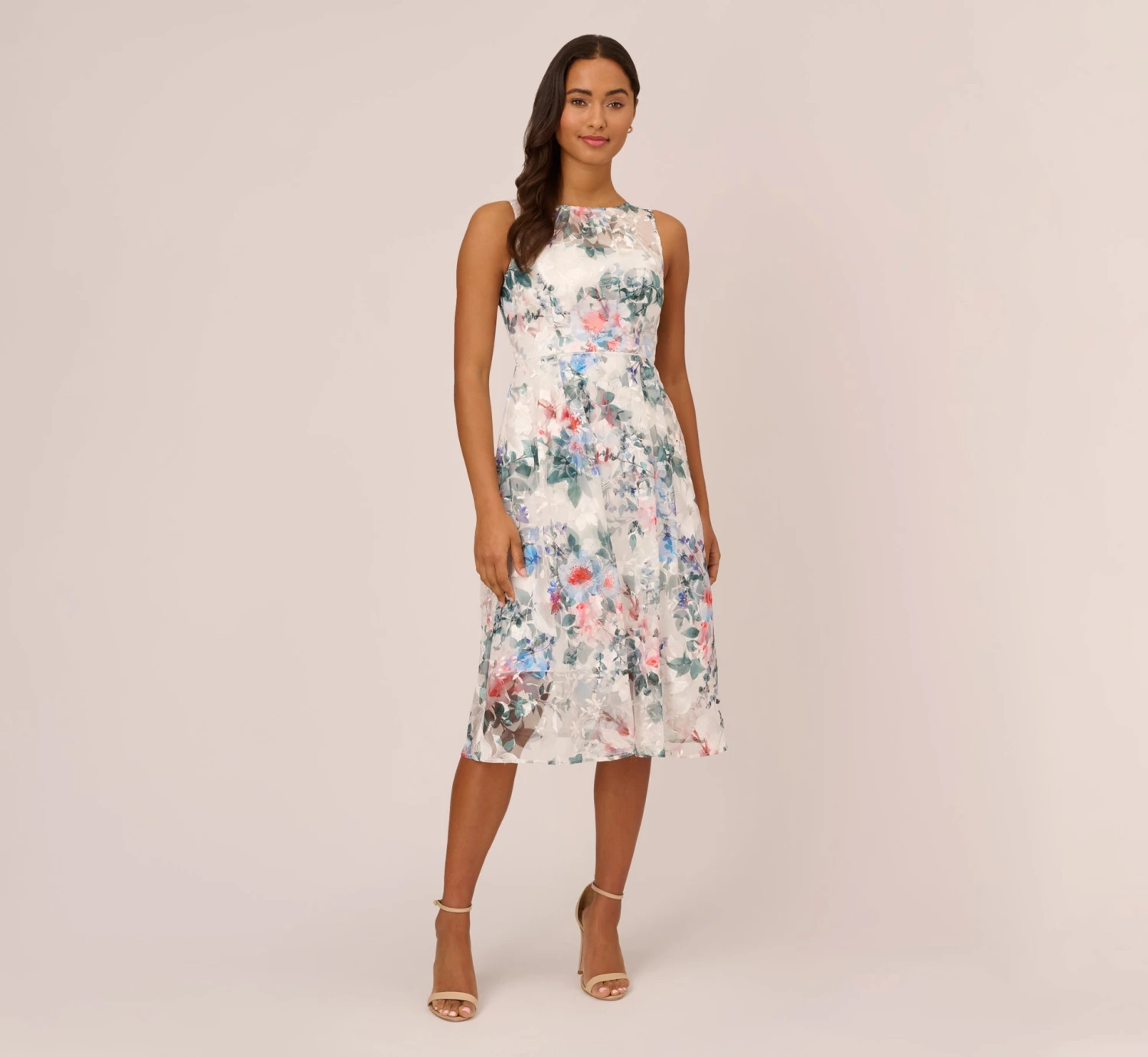 Adrianna Papell Floral Printed Sleeveless Midi Dress With Sheer Details In Ivory Multi 3 Adrianna Papell Floral Printed Sleeveless Midi Dress With Sheer Details In Ivory Multi