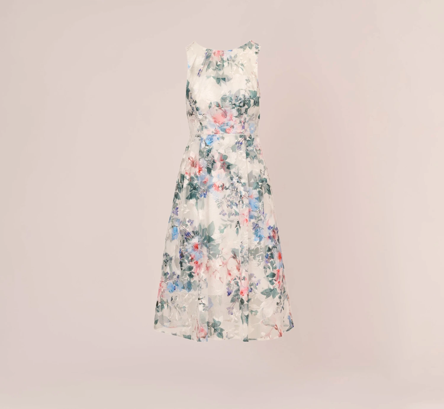 Adrianna Papell Floral Printed Sleeveless Midi Dress With Sheer Details In Ivory Multi 9 Adrianna Papell Floral Printed Sleeveless Midi Dress With Sheer Details In Ivory Multi - Image 7