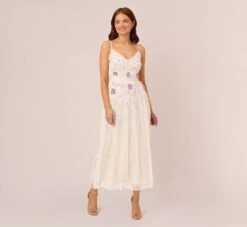 Adrianna Papell Ankle-Length Gown With Multicolor Floral Beading In Ivory Multi