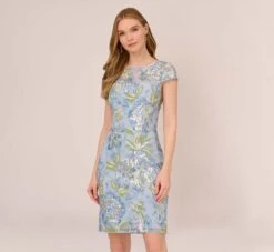 Adrianna Papell Sequin Floral Embroidered Sheath Dress With Cap Sleeves In Blue Green Multi