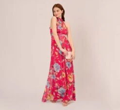 Adrianna Papell Floral Chiffon Halter Gown With Illusion Details In Pink Multi