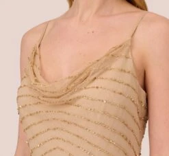Adrianna Papell Art Deco Beaded Mermaid Gown With Cowl Neckline In Champagne Gold -Adrianna Papell Shop AP1E210577 AD298 Regular Detail