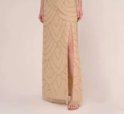 Adrianna Papell Art Deco Beaded Mermaid Gown With Cowl Neckline In Champagne Gold -Adrianna Papell Shop AP1E210577 AD298 Regular Lifestyle