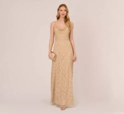 Adrianna Papell Art Deco Beaded Mermaid Gown With Cowl Neckline In Champagne Gold -Adrianna Papell Shop AP1E210577 AD298 Regular Side