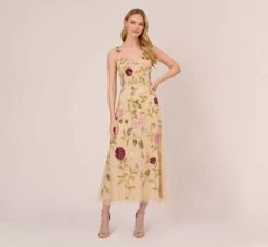 Adrianna Papell Multicolor Floral Beaded Ankle-Length Dress With Sheer Details In Light Champagne