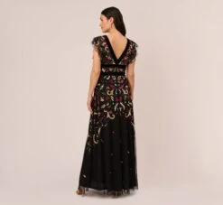 Adrianna Papell Multicolor Floral Beaded Gown With Velvet Trim In Black Multi -Adrianna Papell Shop AP1E210607 AB960 Regular Back