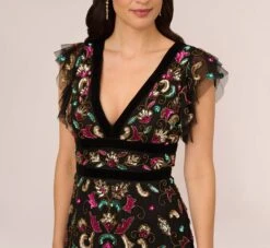 Adrianna Papell Multicolor Floral Beaded Gown With Velvet Trim In Black Multi -Adrianna Papell Shop AP1E210607 AB960 Regular Detail