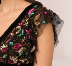 Adrianna Papell Multicolor Floral Beaded Gown With Velvet Trim In Black Multi -Adrianna Papell Shop AP1E210607 AB960 Regular Lifestyle