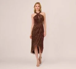 Adrianna Papell Metallic Knit Halter Midi Dress With Wrap Skirt In Copper