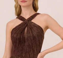 Adrianna Papell Metallic Knit Halter Midi Dress With Wrap Skirt In Copper -Adrianna Papell Shop AP1E210615 AA908 Regular Detail