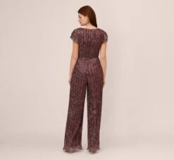 Adrianna Papell Metallic Crinkle Wide Leg Jumpsuit With Short Sleeves In Plum -Adrianna Papell Shop AP1E210616 AD541 Regular Back