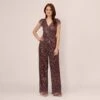 Adrianna Papell Metallic Crinkle Wide Leg Jumpsuit With Short Sleeves In Plum