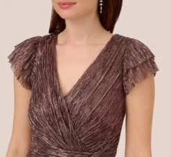 Adrianna Papell Metallic Crinkle Wide Leg Jumpsuit With Short Sleeves In Plum -Adrianna Papell Shop AP1E210616 AD541 Regular Detail