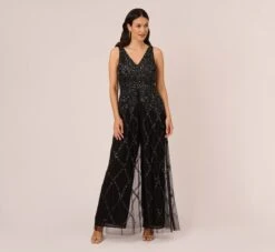 Adrianna Papell Beaded Wide Leg Jumpsuit With Georgette Overlay In Black