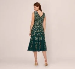 Adrianna Papell Floral Beaded Midi Dress With Godet Skirt In Gem Green -Adrianna Papell Shop AP1E210652 AW303 Regular Back
