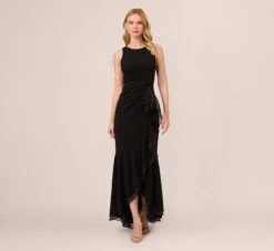 Adrianna Papell High Low Crepe Halter Gown With Organza Draping In Black