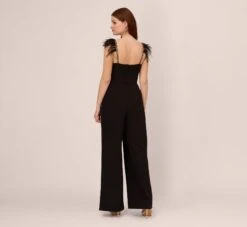 Adrianna Papell Crepe Wide Leg Jumpsuit With Bead And Feather Accents In Black -Adrianna Papell Shop AP1E210659 AA002 Regular Back