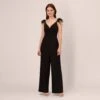 Adrianna Papell Crepe Wide Leg Jumpsuit With Bead And Feather Accents In Black