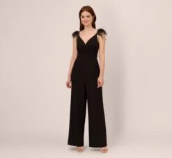 Adrianna Papell Crepe Wide Leg Jumpsuit With Bead And Feather Accents In Black