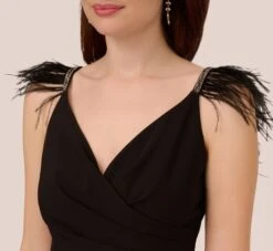 Adrianna Papell Crepe Wide Leg Jumpsuit With Bead And Feather Accents In Black -Adrianna Papell Shop AP1E210659 AA002 Regular Detail