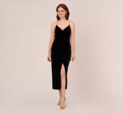 Adrianna Papell Velvet Ankle-Length Wrap Gown With Stone Straps In Black