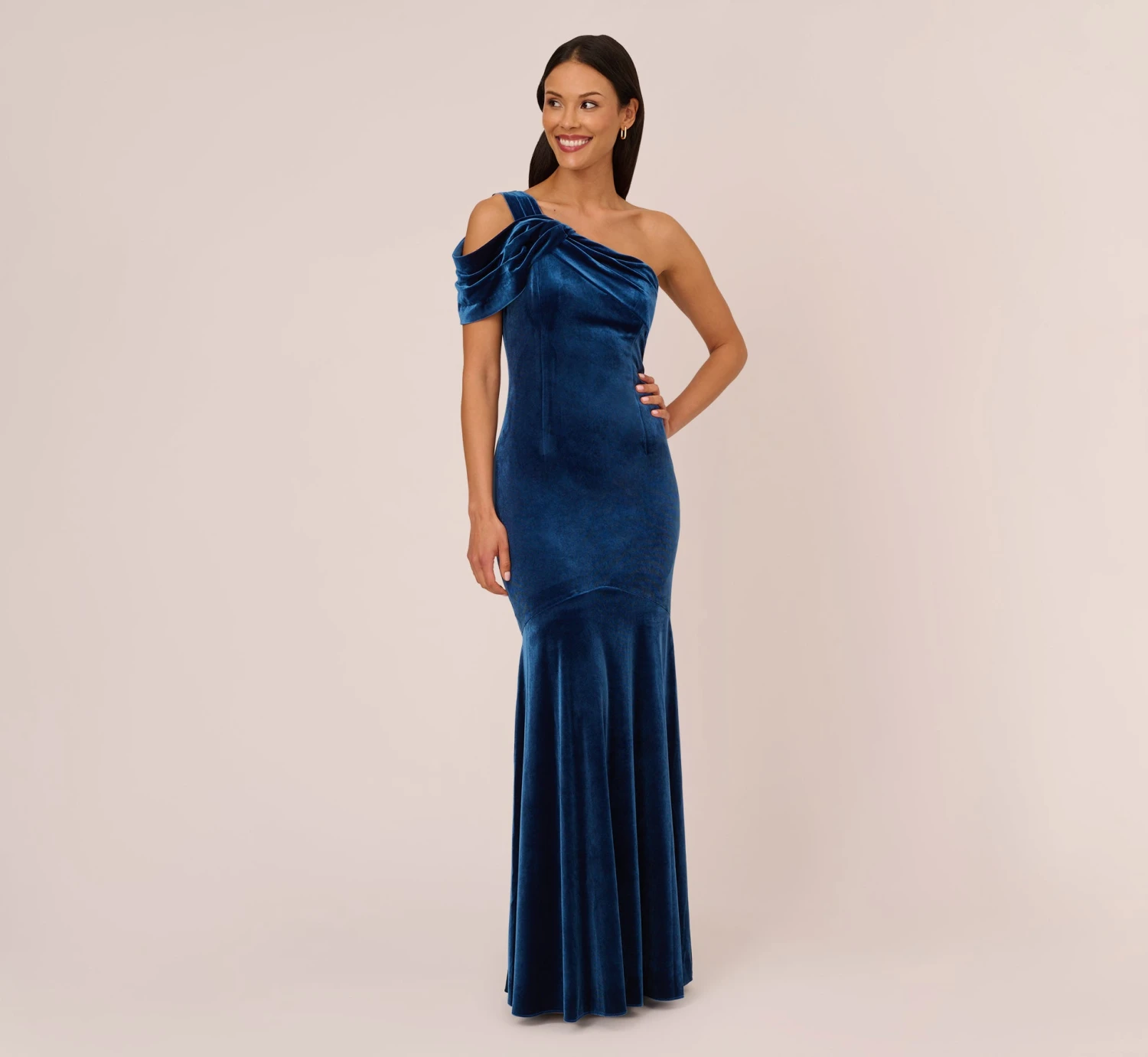 Adrianna Papell One Shoulder Velvet Mermaid Gown With Drape Sleeve In Ocean Wave 3 Adrianna Papell One Shoulder Velvet Mermaid Gown With Drape Sleeve In Ocean Wave