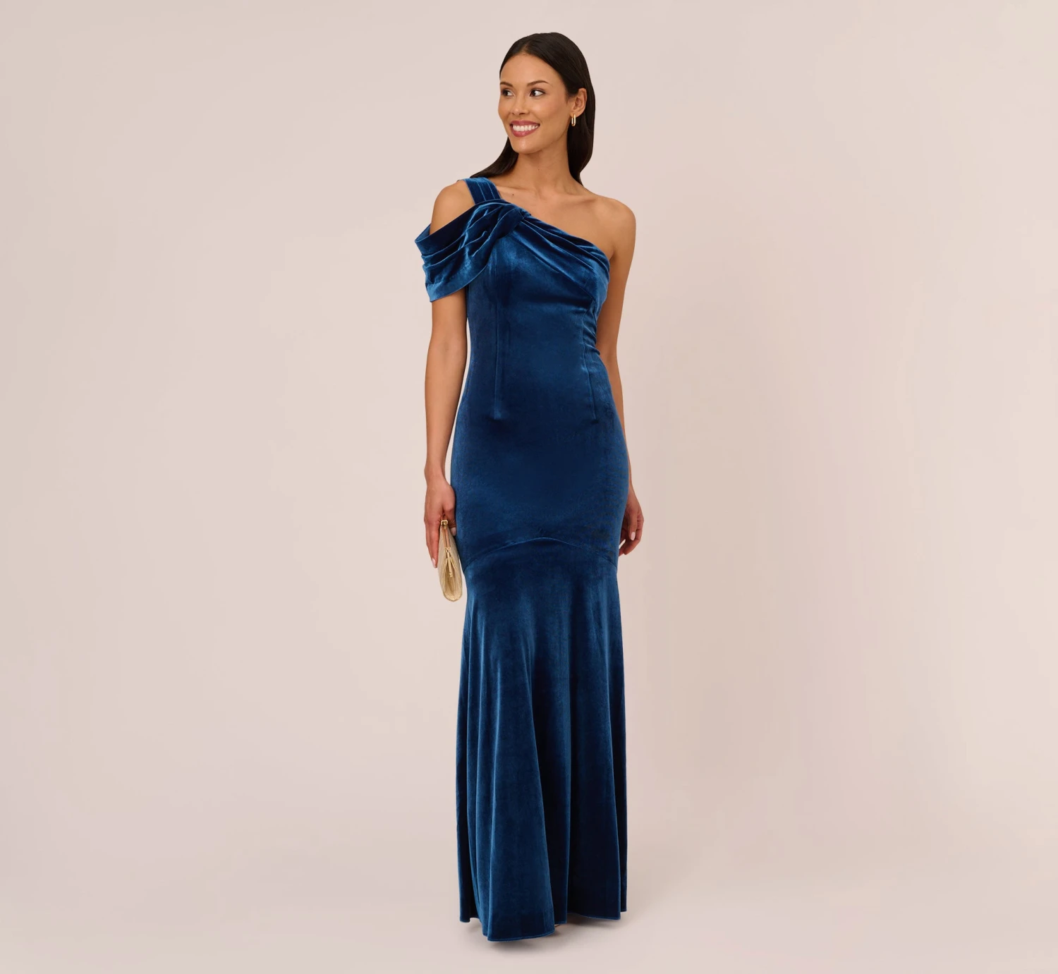 Adrianna Papell One Shoulder Velvet Mermaid Gown With Drape Sleeve In Ocean Wave 4 Adrianna Papell One Shoulder Velvet Mermaid Gown With Drape Sleeve In Ocean Wave - Image 2