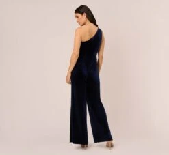 Adrianna Papell One Shoulder Velvet Jumpsuit With Draped Accent In Midnight -Adrianna Papell Shop AP1E210667 AB411 Regular Back