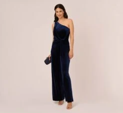 Adrianna Papell One Shoulder Velvet Jumpsuit With Draped Accent In Midnight -Adrianna Papell Shop AP1E210667 AB411 Regular Side