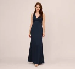 Adrianna Papell Satin Crepe Mermaid Gown With Lace Accent Cowl Back In Dark Navy