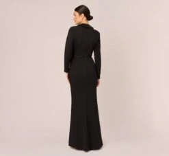 Adrianna Papell Long Sleeve Tuxedo Gown With Jeweled Buttons In Black -Adrianna Papell Shop AP1E210677 AA002 Regular Back