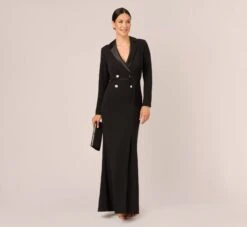 Adrianna Papell Long Sleeve Tuxedo Gown With Jeweled Buttons In Black -Adrianna Papell Shop AP1E210677 AA002 Regular Side