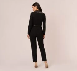 Adrianna Papell Long Sleeve Tuxedo Jumpsuit With Crystal Trim In Black -Adrianna Papell Shop AP1E210678 AA002 Regular Back