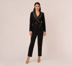 Adrianna Papell Long Sleeve Tuxedo Jumpsuit With Crystal Trim In Black