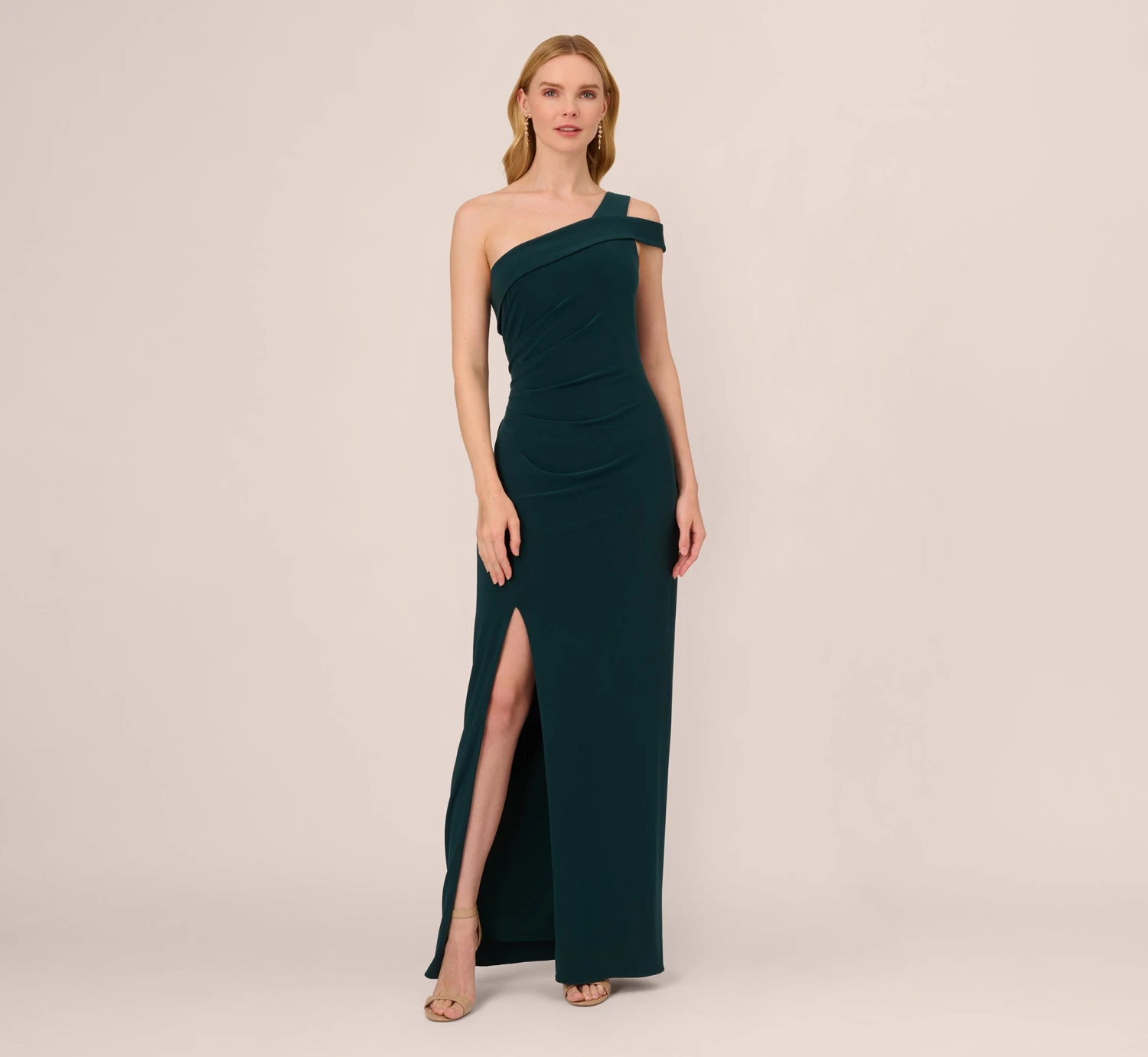 Adrianna Papell One Shoulder Column Gown With Cutout Shoulder In Hunter 3 Adrianna Papell One Shoulder Column Gown With Cutout Shoulder In Hunter