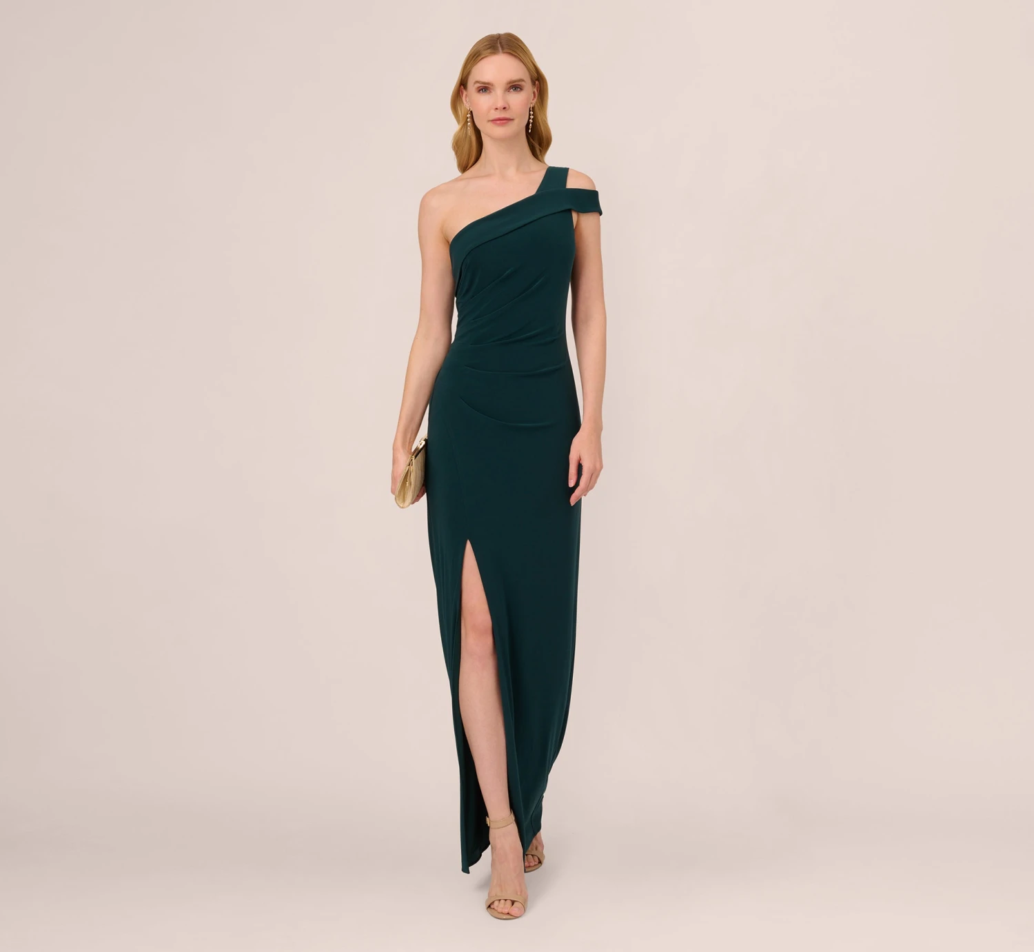 Adrianna Papell One Shoulder Column Gown With Cutout Shoulder In Hunter 4 Adrianna Papell One Shoulder Column Gown With Cutout Shoulder In Hunter - Image 2