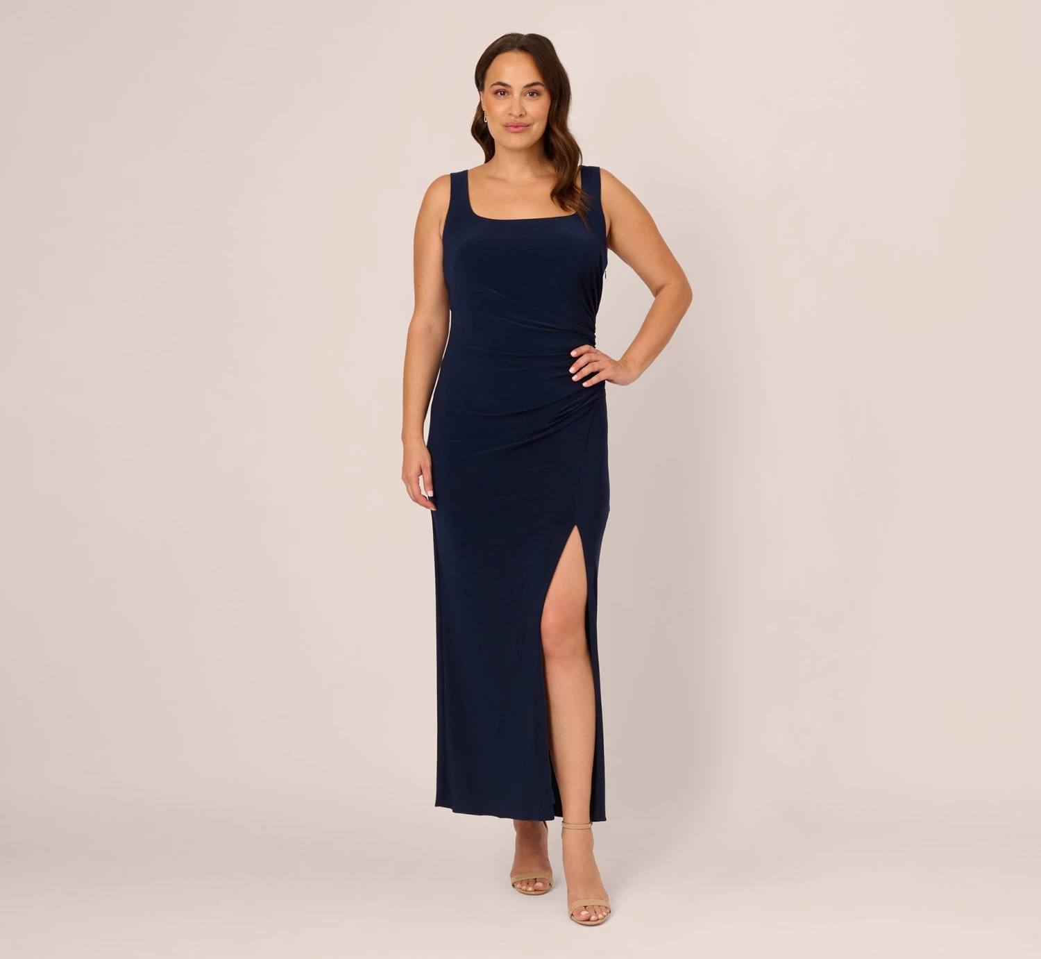 Adrianna Papell Plus Size Sleeveless Jersey Gown With Embellished Lace Cowl Back In Midnight