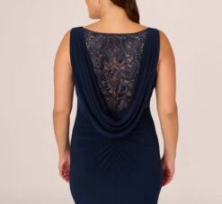 Adrianna Papell Plus Size Sleeveless Jersey Gown With Embellished Lace Cowl Back In Midnight 12 Adrianna Papell Plus Size Sleeveless Jersey Gown With Embellished Lace Cowl Back In Midnight -Adrianna Papell Shop AP1E210681 AB411 Plus Lifestyle