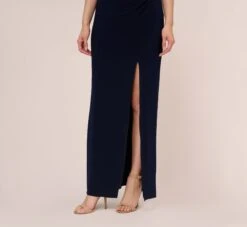 Adrianna Papell Sleeveless Jersey Gown With Embellished Lace Cowl Back In Midnight -Adrianna Papell Shop AP1E210681 AB411 Regular Lifestyle