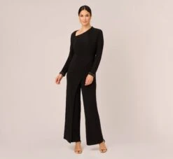 Adrianna Papell Embellished Jersey Jumpsuit With Asymmetric Neck In Black