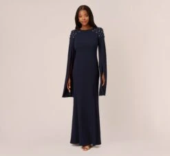 Adrianna Papell Crepe Mermaid Gown With Beaded Cape Sleeves In Midnight