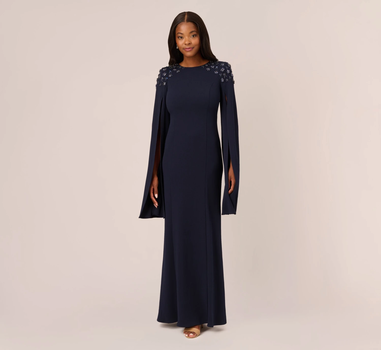 Adrianna Papell Crepe Mermaid Gown With Beaded Cape Sleeves In Midnight 3 Adrianna Papell Crepe Mermaid Gown With Beaded Cape Sleeves In Midnight