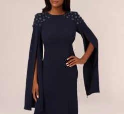 Adrianna Papell Crepe Mermaid Gown With Beaded Cape Sleeves In Midnight 10 Adrianna Papell Crepe Mermaid Gown With Beaded Cape Sleeves In Midnight -Adrianna Papell Shop AP1E210756 AB411 Regular Detail