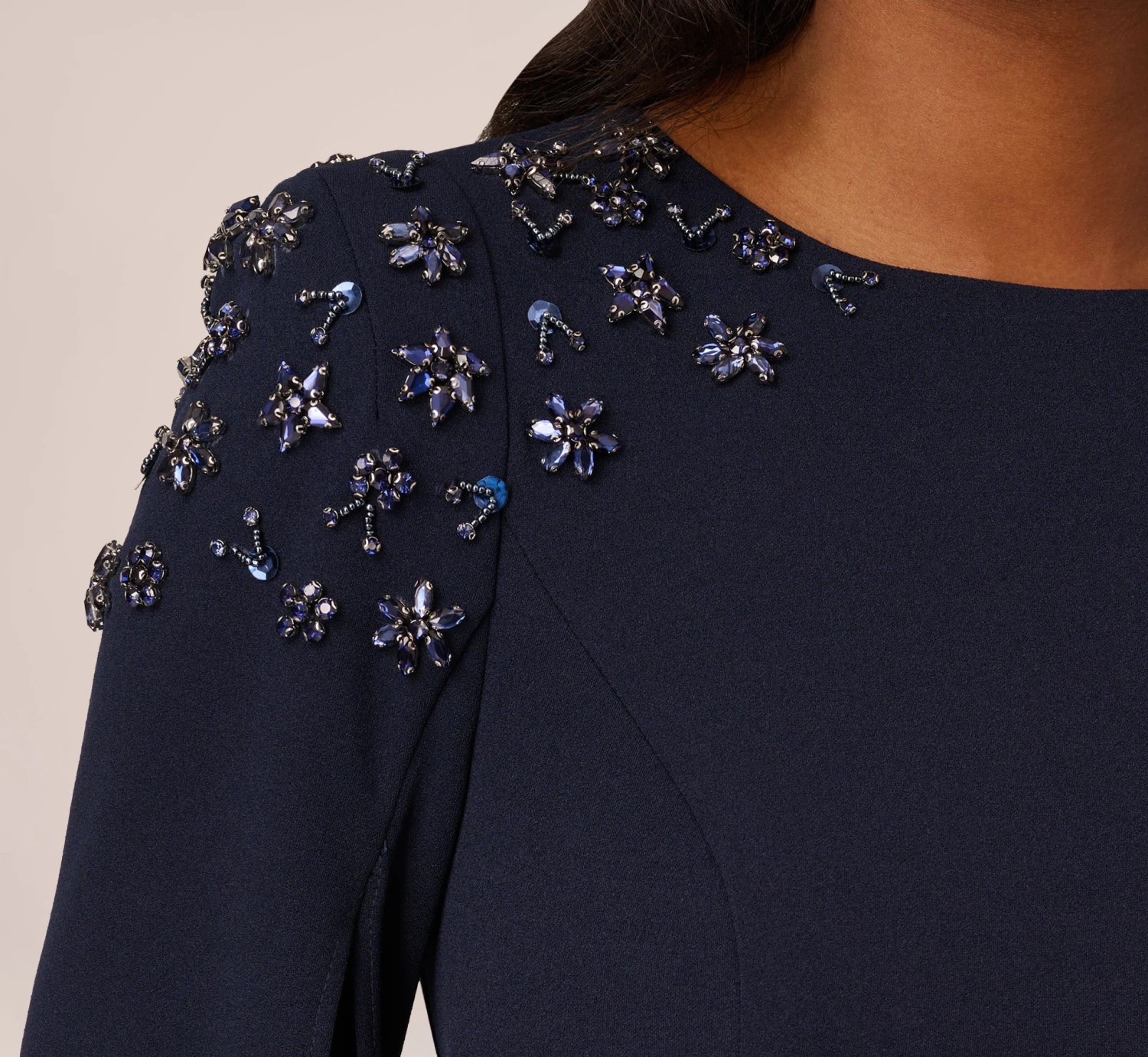 Adrianna Papell Crepe Mermaid Gown With Beaded Cape Sleeves In Midnight 7 Adrianna Papell Crepe Mermaid Gown With Beaded Cape Sleeves In Midnight - Image 5