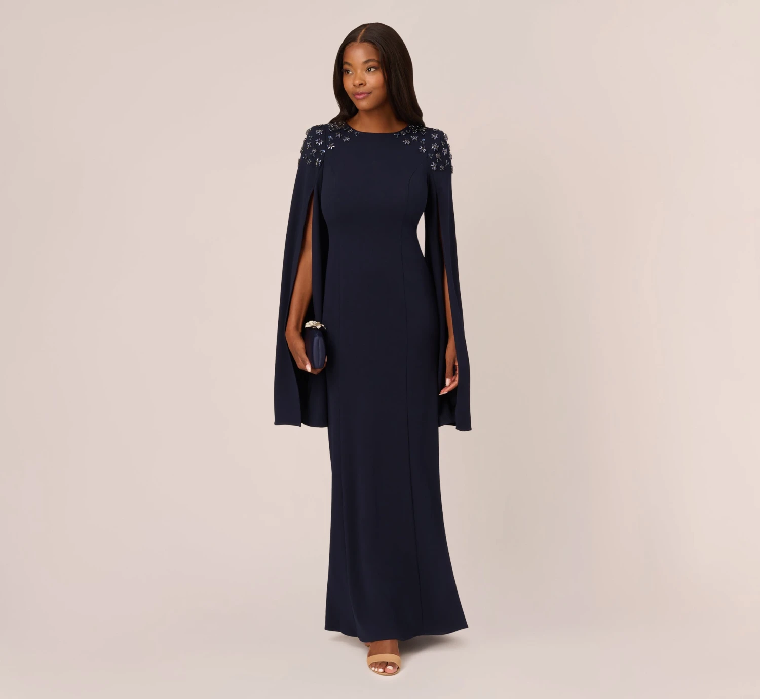 Adrianna Papell Crepe Mermaid Gown With Beaded Cape Sleeves In Midnight 4 Adrianna Papell Crepe Mermaid Gown With Beaded Cape Sleeves In Midnight - Image 2