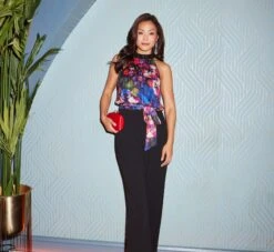 Adrianna Papell Halter Jumpsuit With Floral Print Bodice In Black Multi