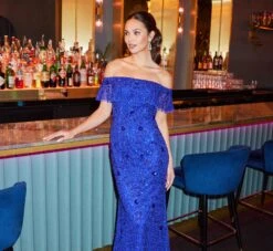 Adrianna Papell Beaded Off The Shoulder Mermaid Gown With Flutter Neck In Ultra Blue