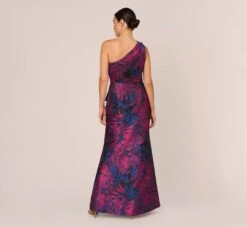 Adrianna Papell One Shoulder Jacquard Mermaid Gown With Drape Detail In Navy Orchid 13 Adrianna Papell One Shoulder Jacquard Mermaid Gown With Drape Detail In Navy Orchid -Adrianna Papell Shop AP1E210810 BG411 Regular Back
