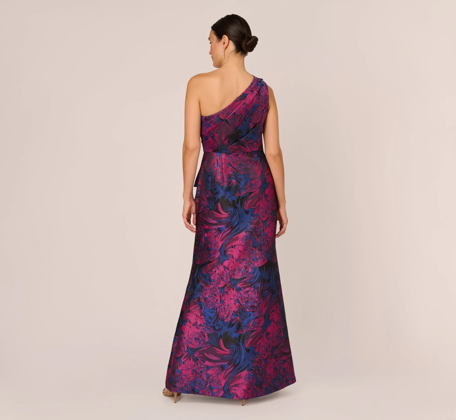 Adrianna Papell One Shoulder Jacquard Mermaid Gown With Drape Detail In Navy Orchid 7 Adrianna Papell One Shoulder Jacquard Mermaid Gown With Drape Detail In Navy Orchid - Image 5