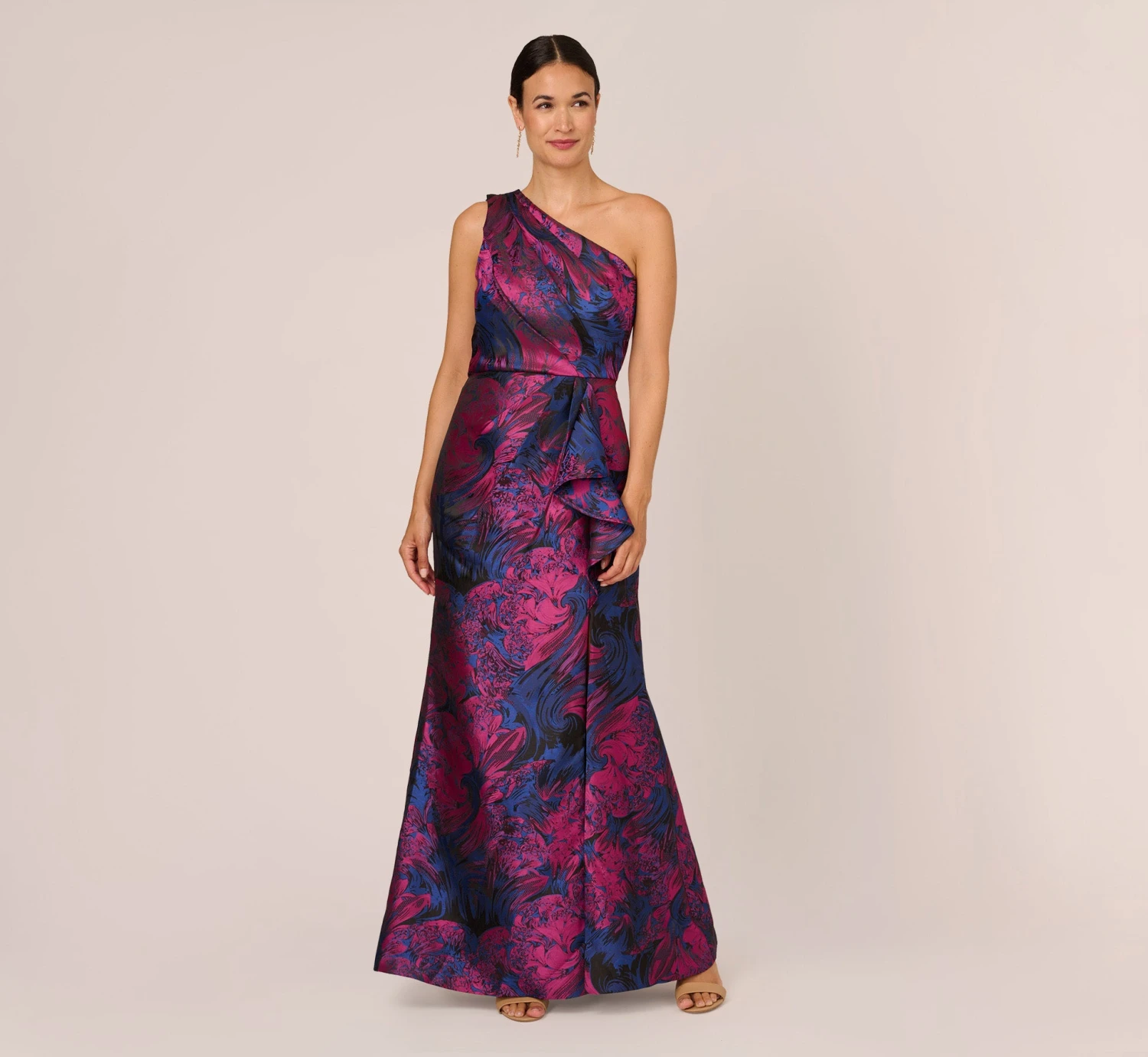 Adrianna Papell One Shoulder Jacquard Mermaid Gown With Drape Detail In Navy Orchid 4 Adrianna Papell One Shoulder Jacquard Mermaid Gown With Drape Detail In Navy Orchid - Image 2